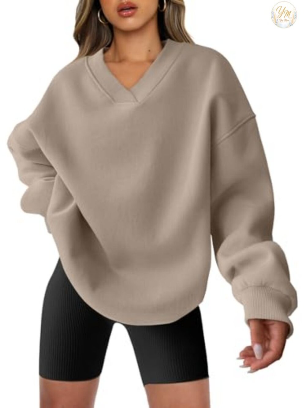 Oversized V Neck Fleece Sweatshirt Long Sleeve Pullover Fall